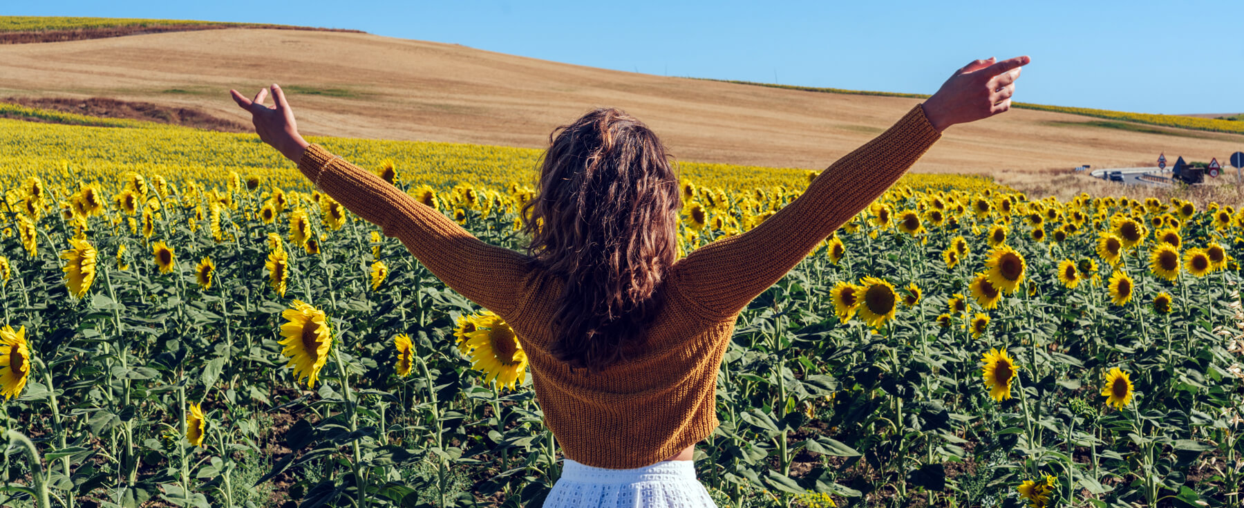 a woman in a sunflower field